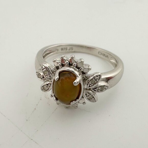 Natural Cabochon Australian Opal Ring  with Small Diamond Size 7 - Picture 9 of 16